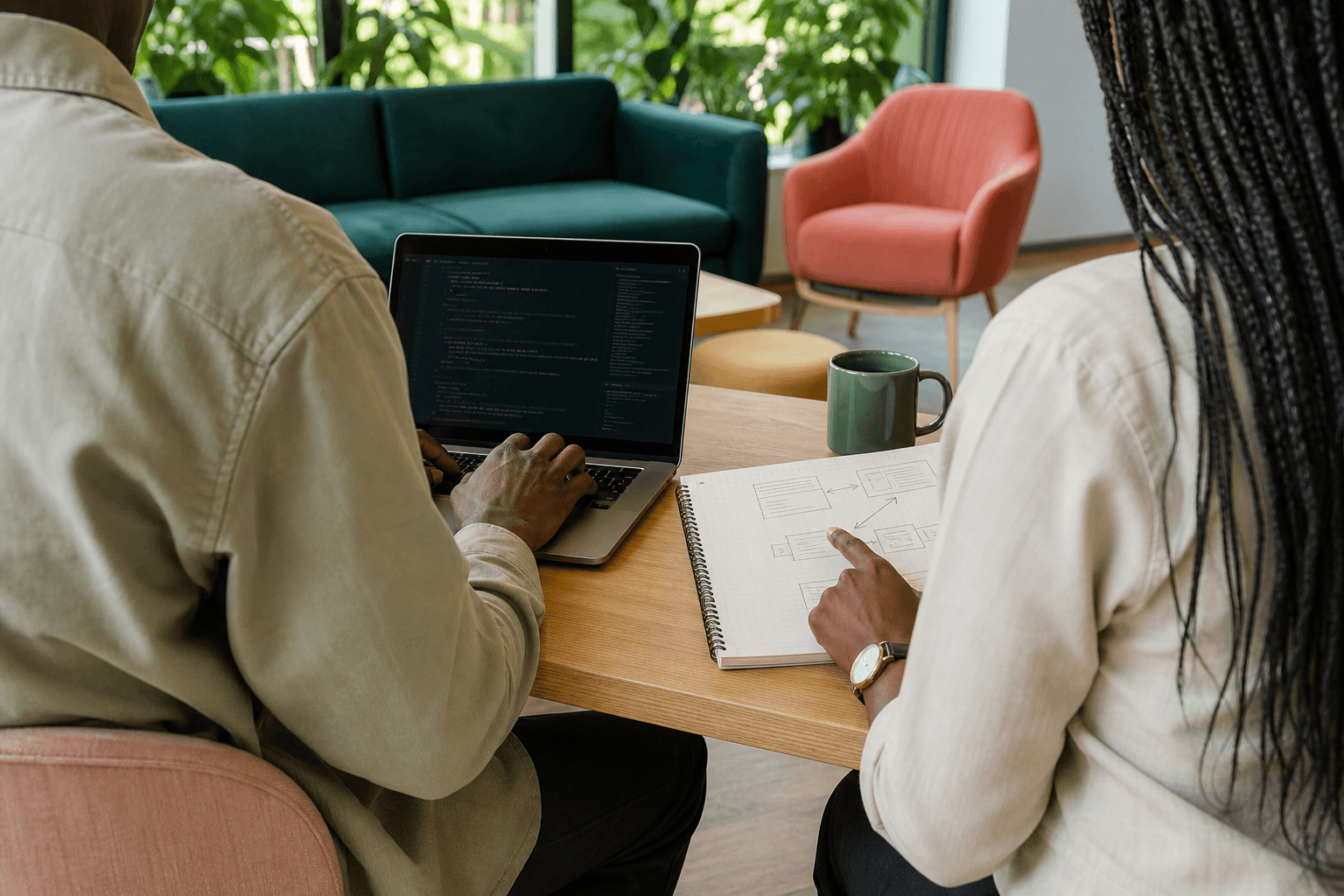 Two technical professionals reviewing code and a systems diagram