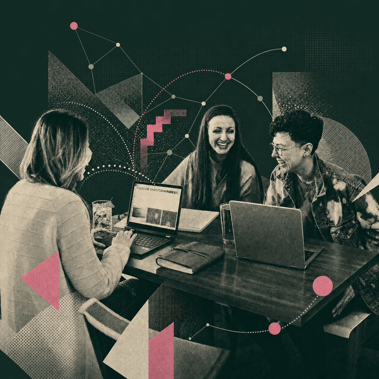 Three teammates collaborating around laptops in a dithered collage